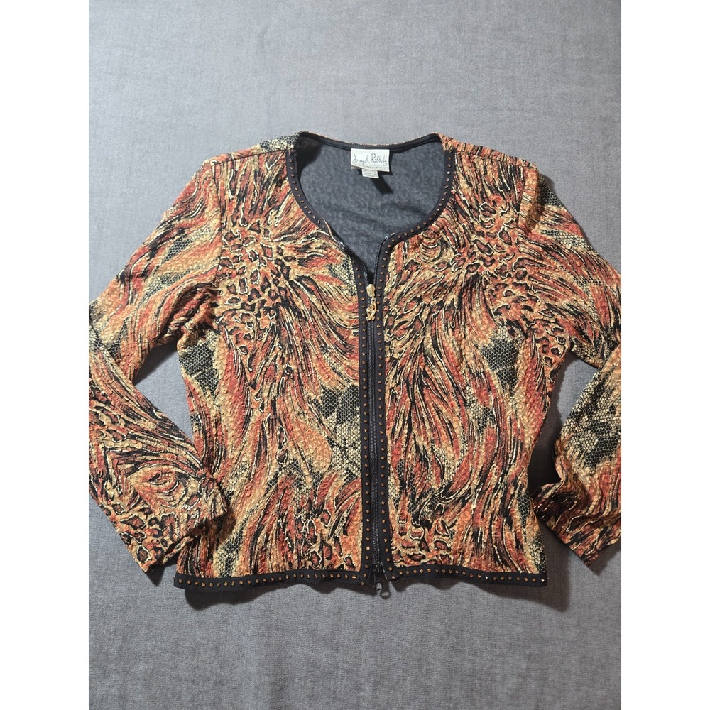 Vtg Joseph Ribkoff Tapestry Zip Jacket Womens 14 Brown Animal Print Studded Boho